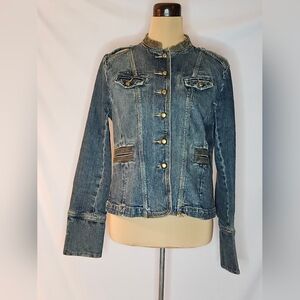 Michael Kors Blue Denim Military Style Jacket Brass Buttons